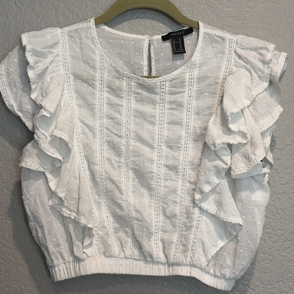 Forever 21‎ White Flutter Sleeve Crop Blouse Womens Size Medium Beach Boho